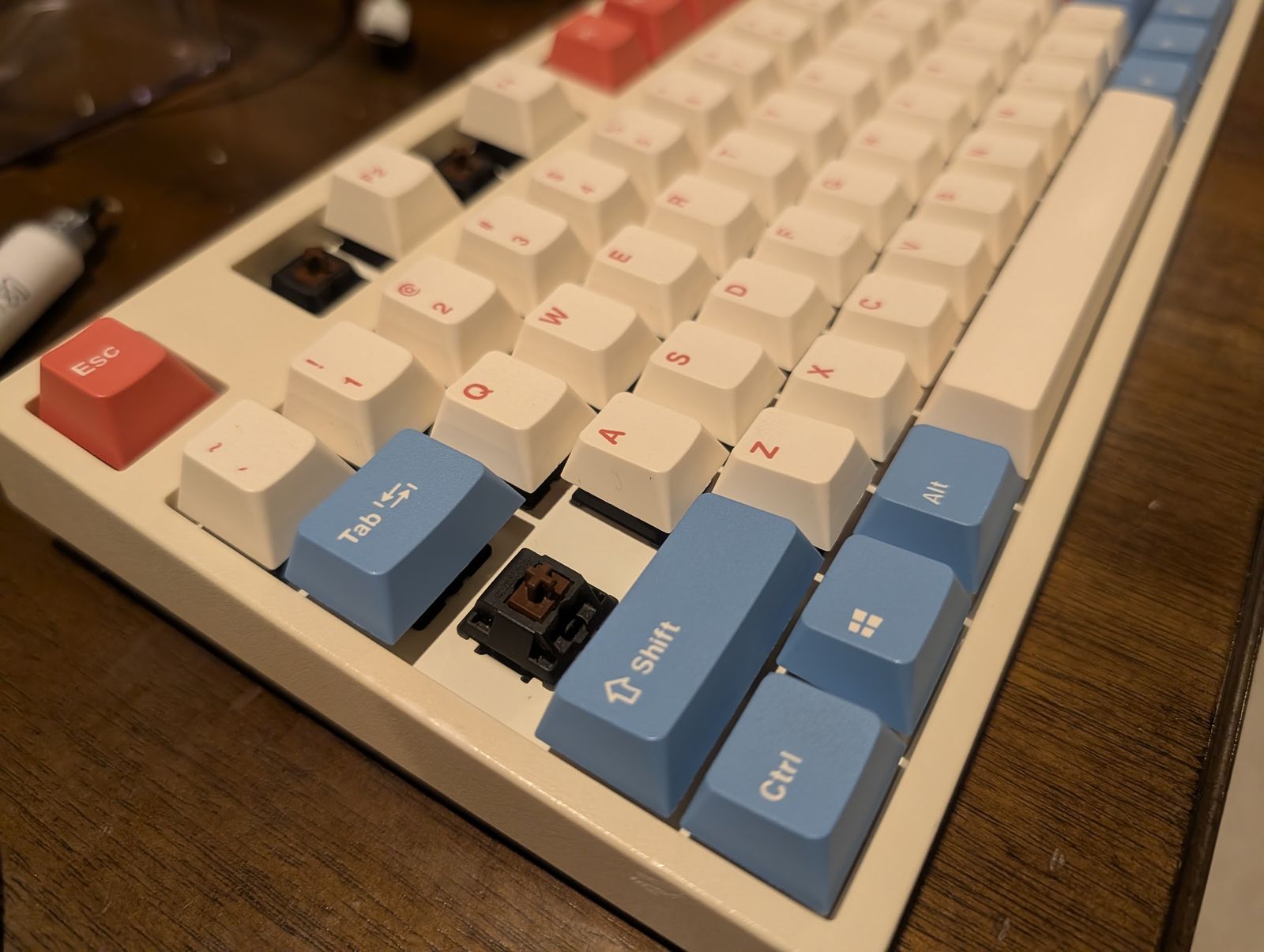 A Leopold FC900R after restoration — white, red, and blue keycaps looking new